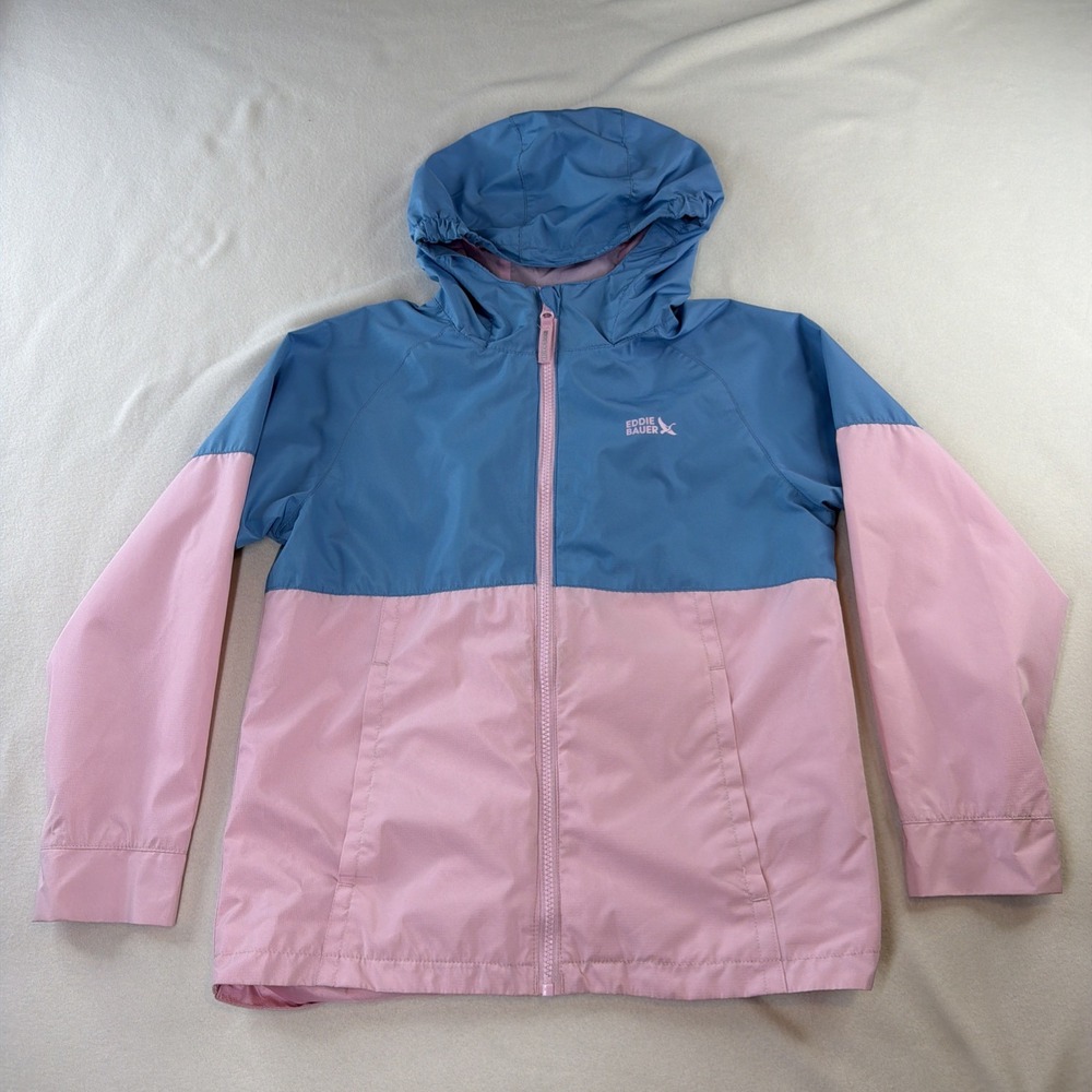 Eddie Bauer Kids M 10/12 Pink Blue Hooded Rain Jacket Windbreaker Girls